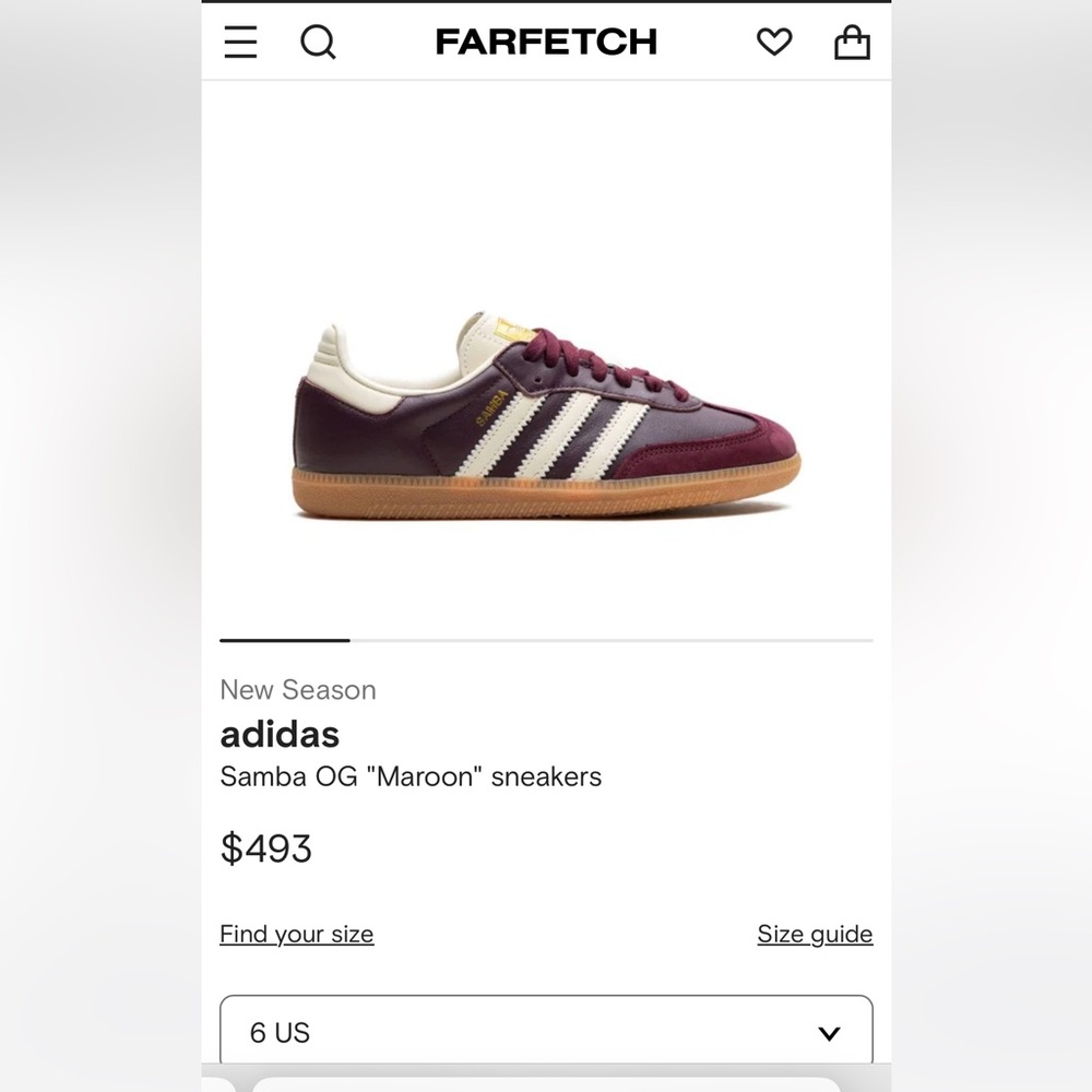 Samba Mrn/ Cr Wt/ Gld Mtl size 6 women’s BNWT.